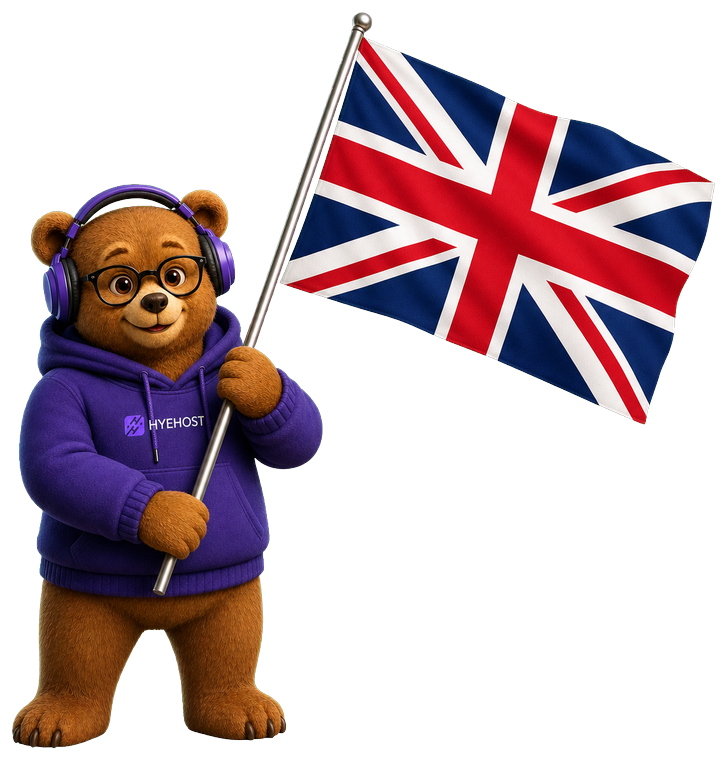 HYEHOST mascot holding the United Kingdom flag
